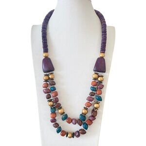 70s wooden necklace double strant multicolor